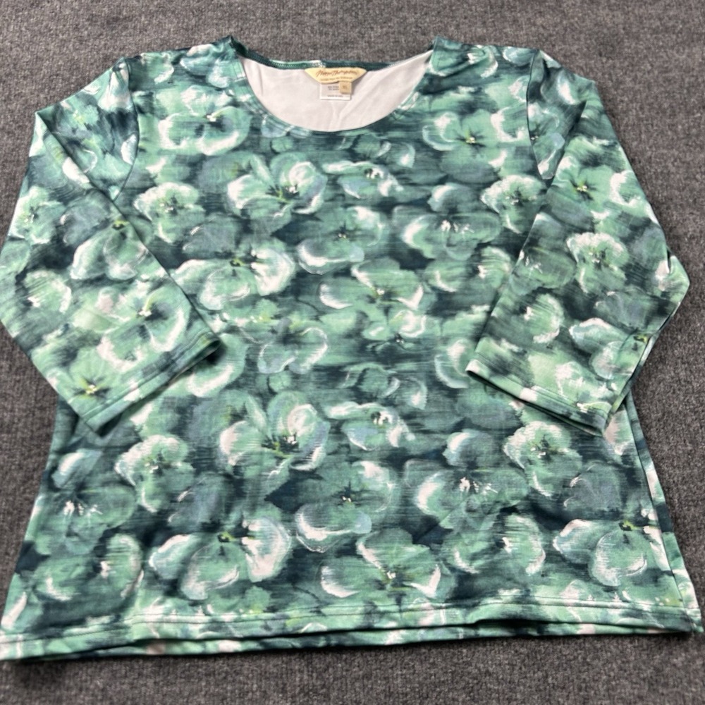 Norm Thompson Womens XL Green Floral Top Long Sleeve Stretch Knit Made USA